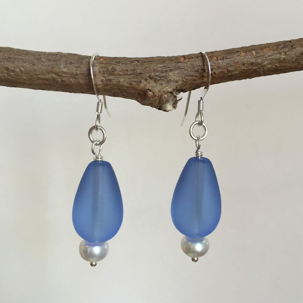 Carolina Blue Sea Glass Earrings In Deluxe Sterling Wire Bezel SSE843